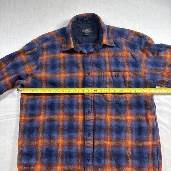Mens Pendleton Blue Orange Shadow Plaid Trail Shirt Elbow Patch Pad Size Large - Picture 9 of 16